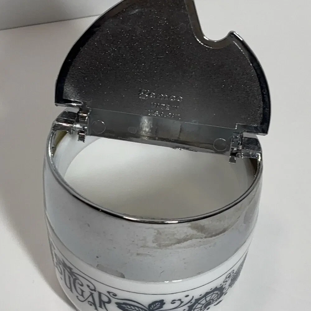 Gemco Snowflake Garland Sugar Dispenser Toleware Glass Metal Chrome Lid